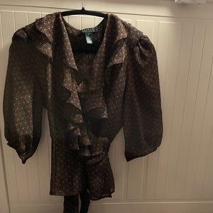 Lauren By Ralph Lauren, Ruffle Trim, Tie Waist, Puff Sleeve Shirt, Medium